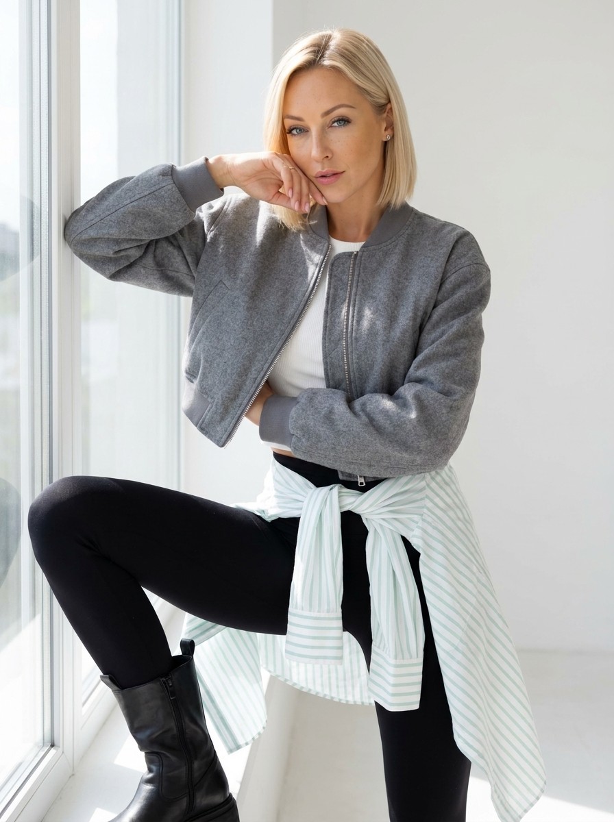 Lisa in grauer Bomberjacke mit Mint-Streifen-Hemd